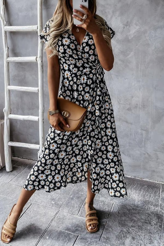 Vestido midi cruzado con escote en V floral